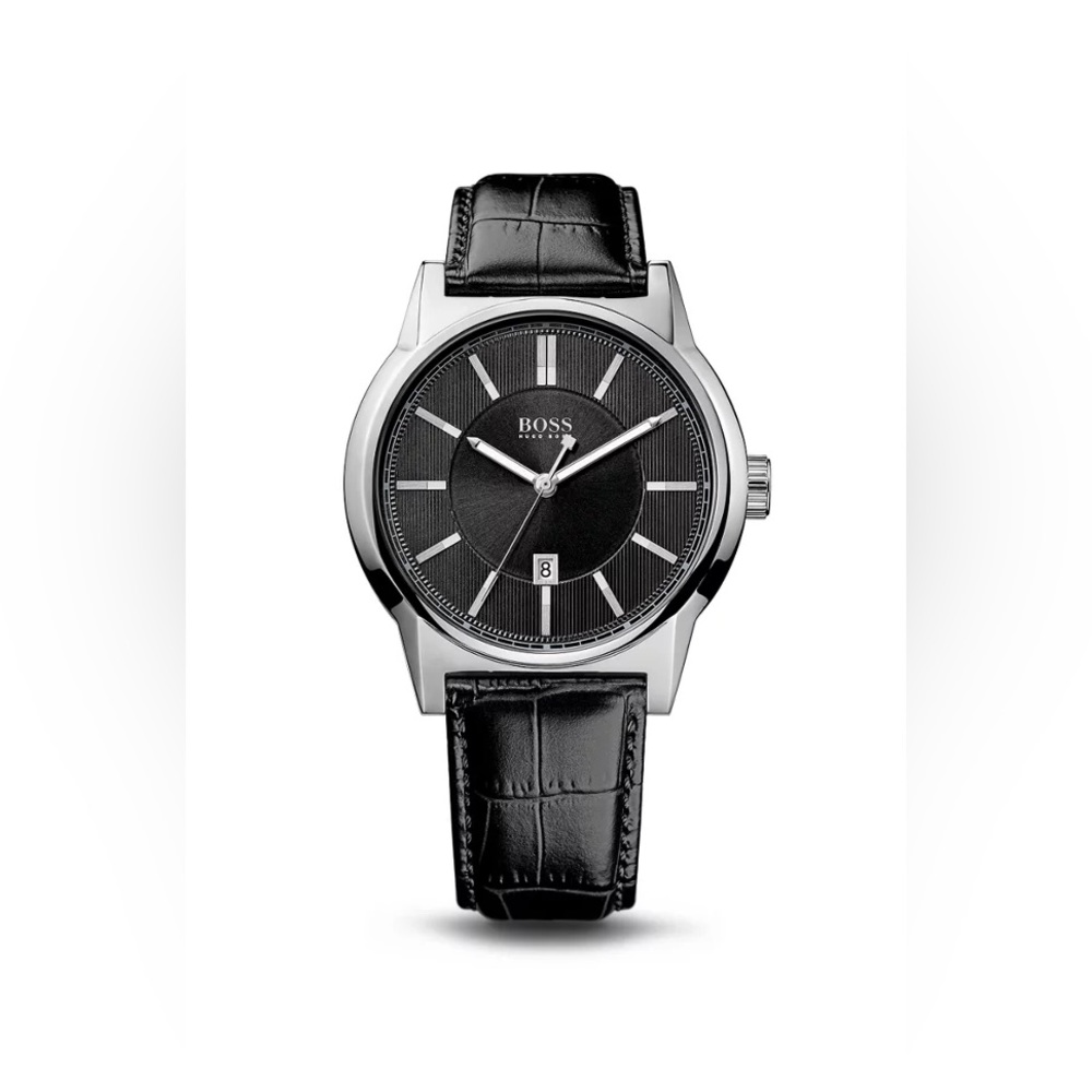 HUGO BOSS Black Crocodile Embossed Leather Strap Quartz Watch